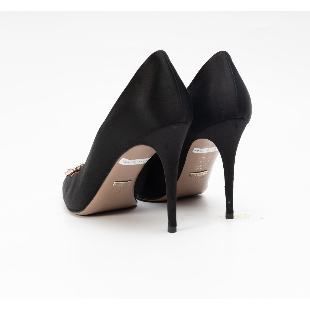Gucci Black Satin GG Crystal Pumps