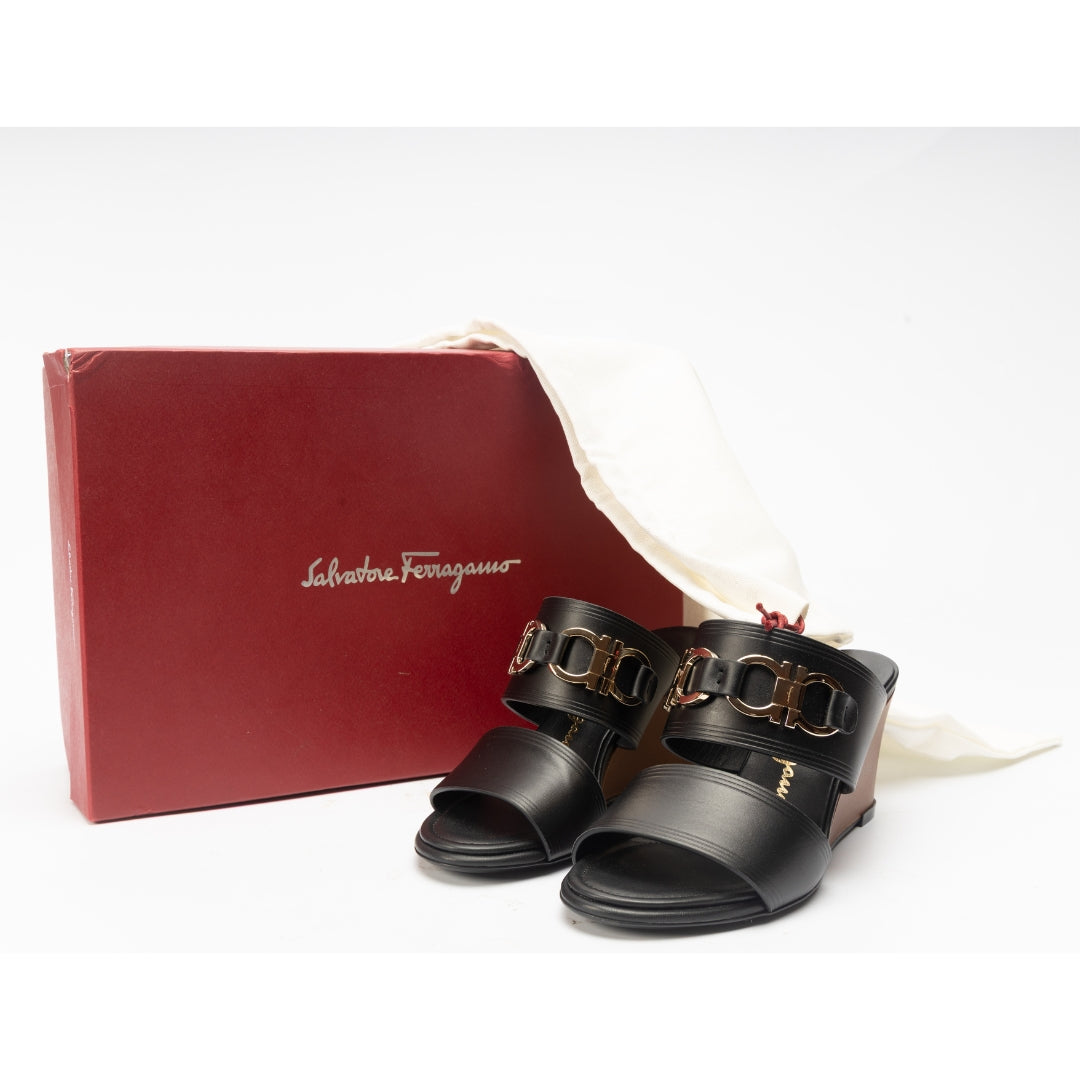 Salvatore Ferragamo Black Leather Wedge Sandals