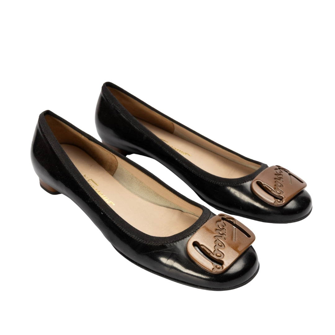 Salvatore Ferragamo Black Logo Plate Ballerina Shoes