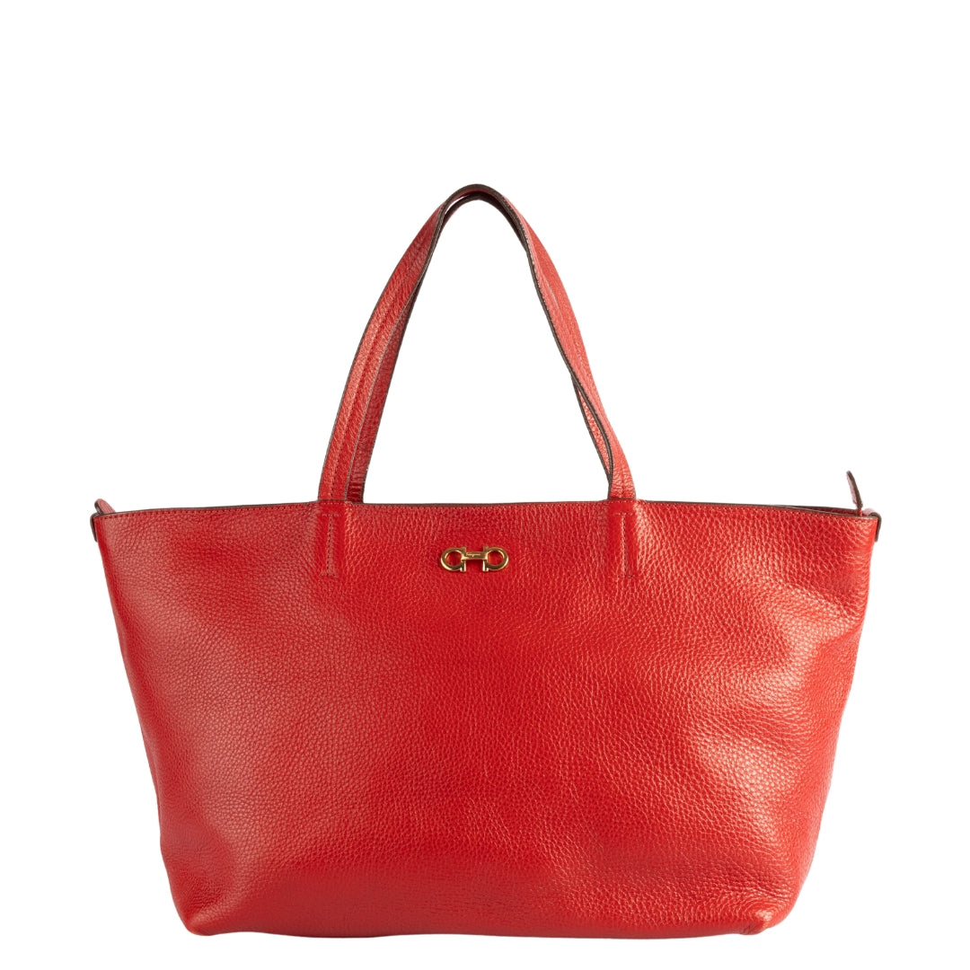 Salvatore Ferragamo Red Pebbled Leather Bice Tote Bag