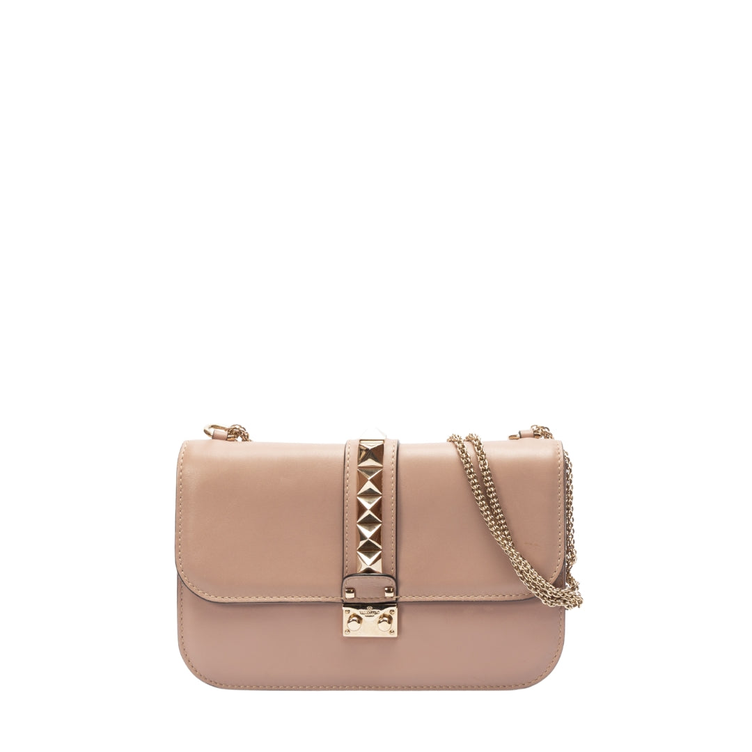 Valentino Beige Leather Glam Lock Chain Shoulder Bag