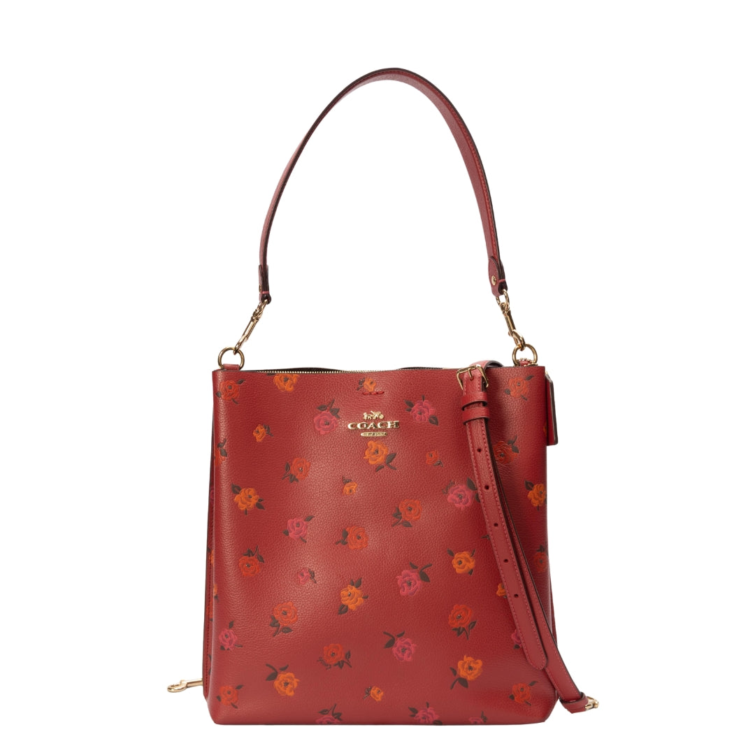 Coach Red Mollie Bucket Bag With Peony Print