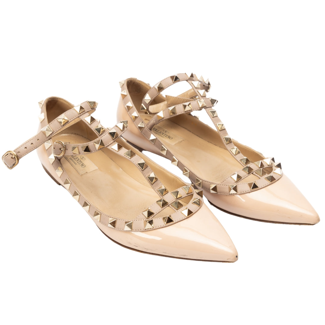 Valentino Dusty Pink Leather Rockstud Strappy Ballet Flats