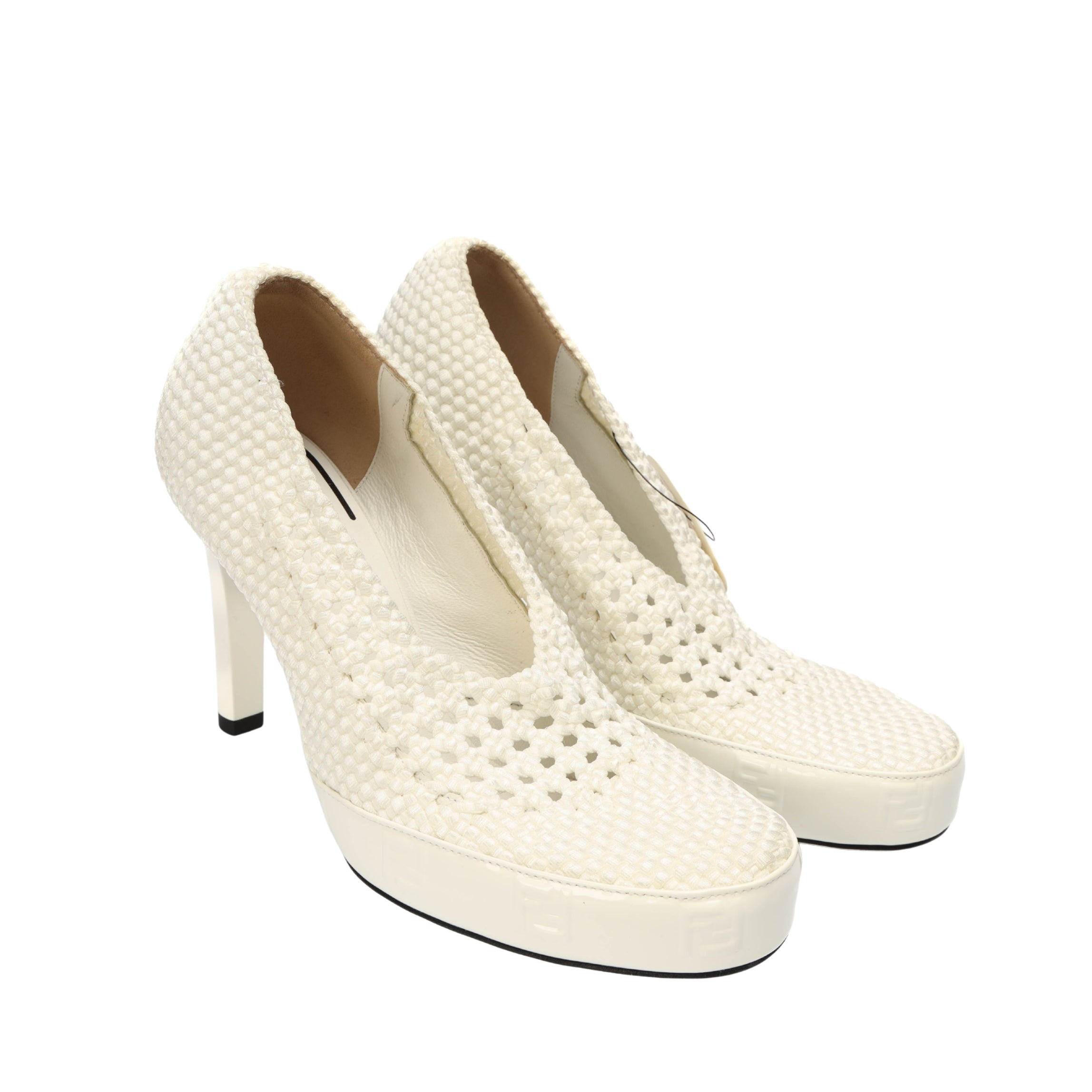 Fendi White Woven Fabric Square Pumps