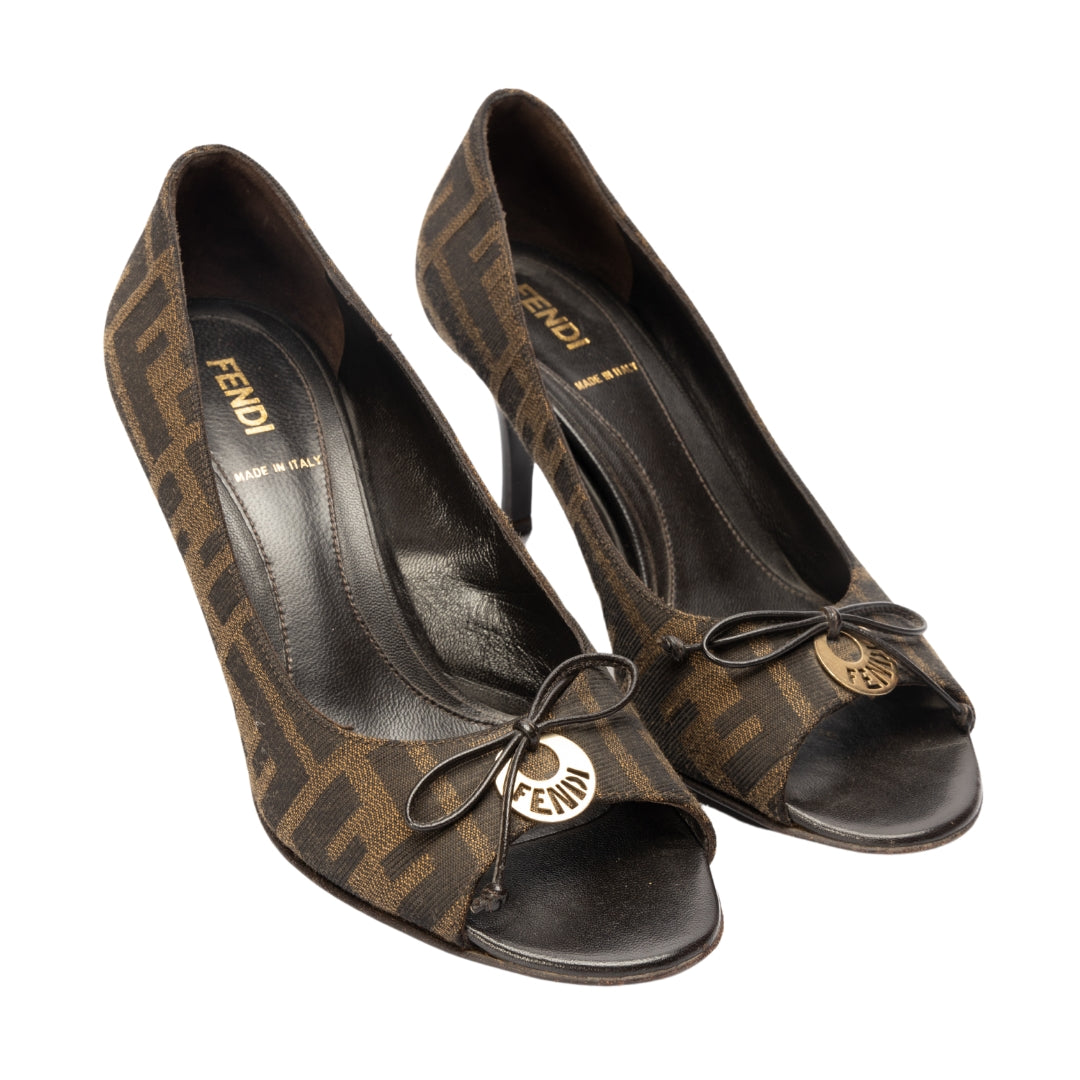 Fendi Brown Zucca Canvas Bow Peep Toe Pumps