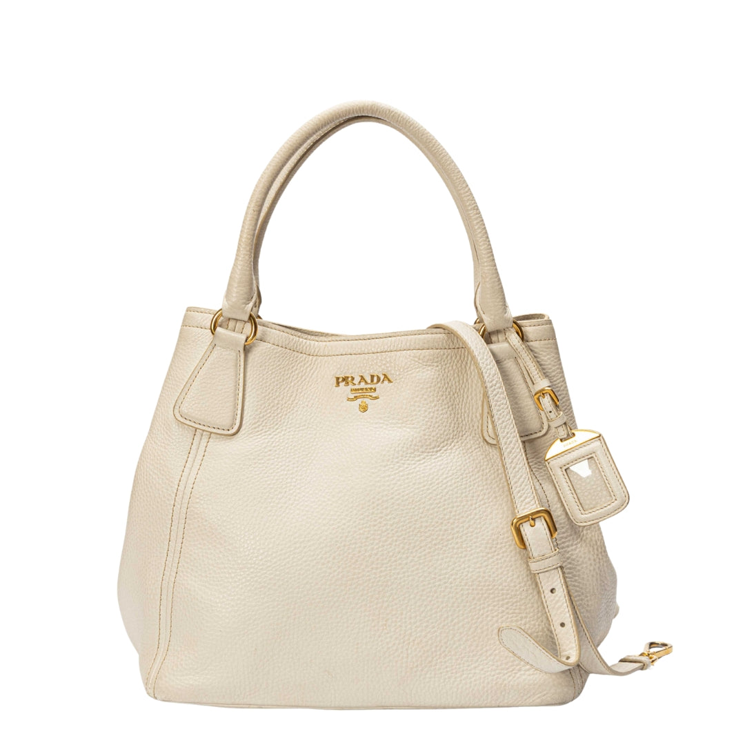 Prada White Vitello Daino Convertible Tote