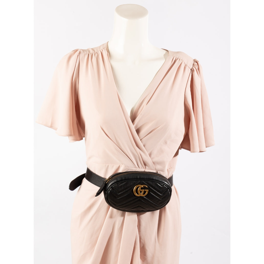 Gucci Black Chevron Leather GG Marmont Belt Bag