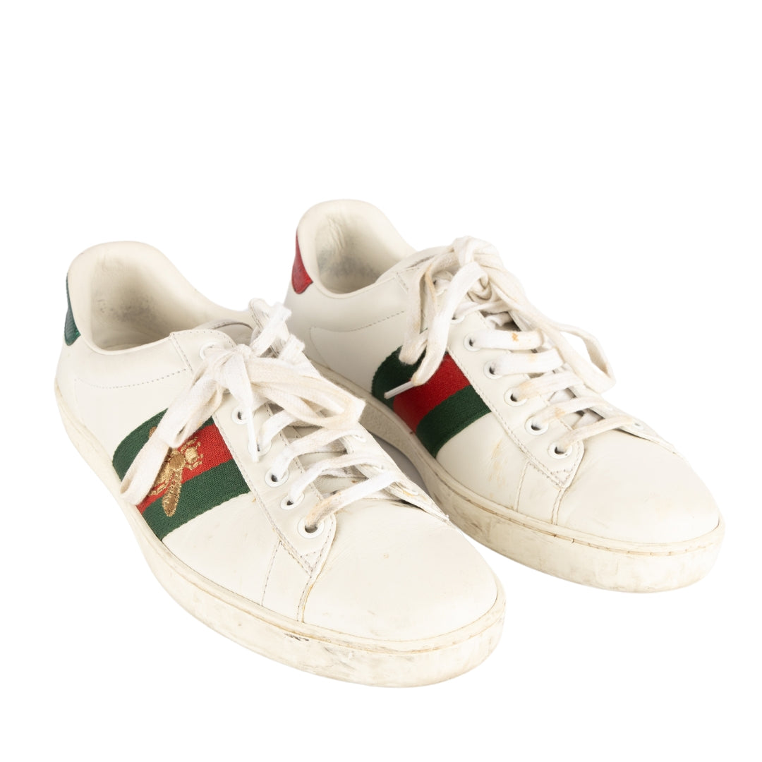 Gucci White Leather and Python Embossed Ace Bee Embroidered Sneakers