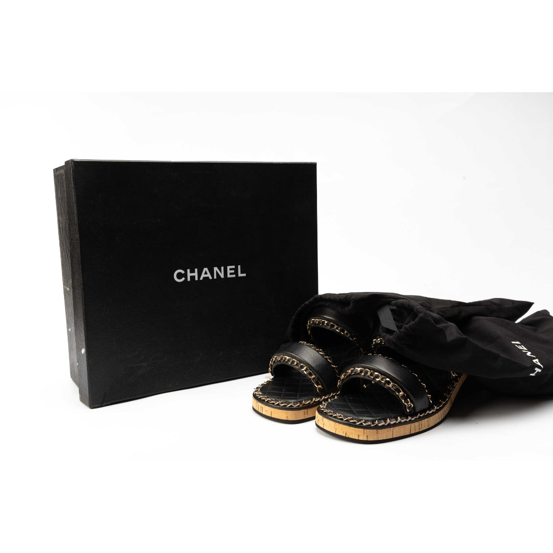 Chanel Black Chain Link CC Cork Sandals