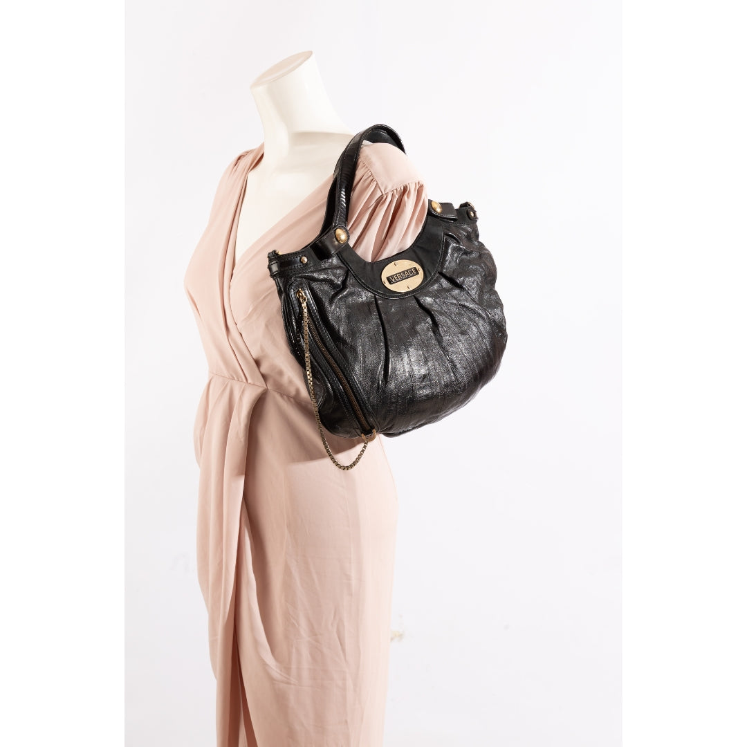 Versace Black Suede and Patent Leather Satchel
