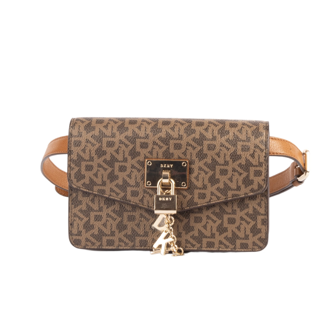 DKNY Brown Monogram and Leather Trim Belt Bag