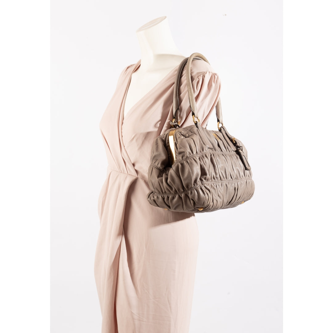 Prada Grey Nappa Gaufre Leather Top Handle Bag