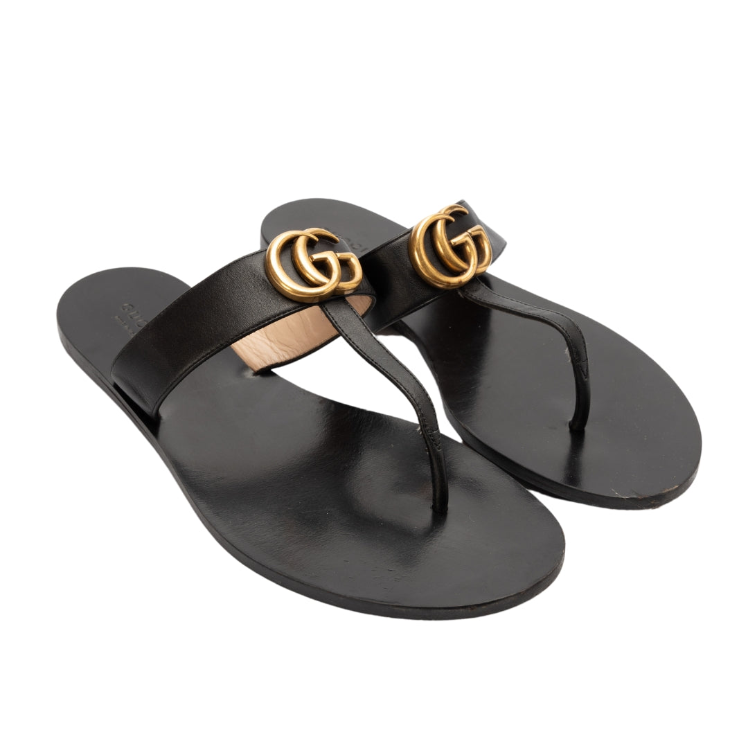 Gucci Black Leather Double G Flat T-Strap Sandals