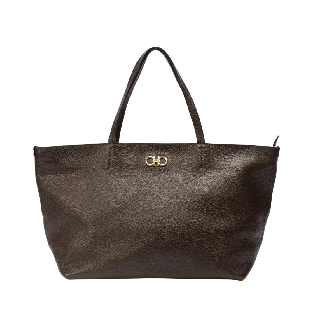 Salvatore Ferragamo Brown Pebbled Leather Bice Tote Bag