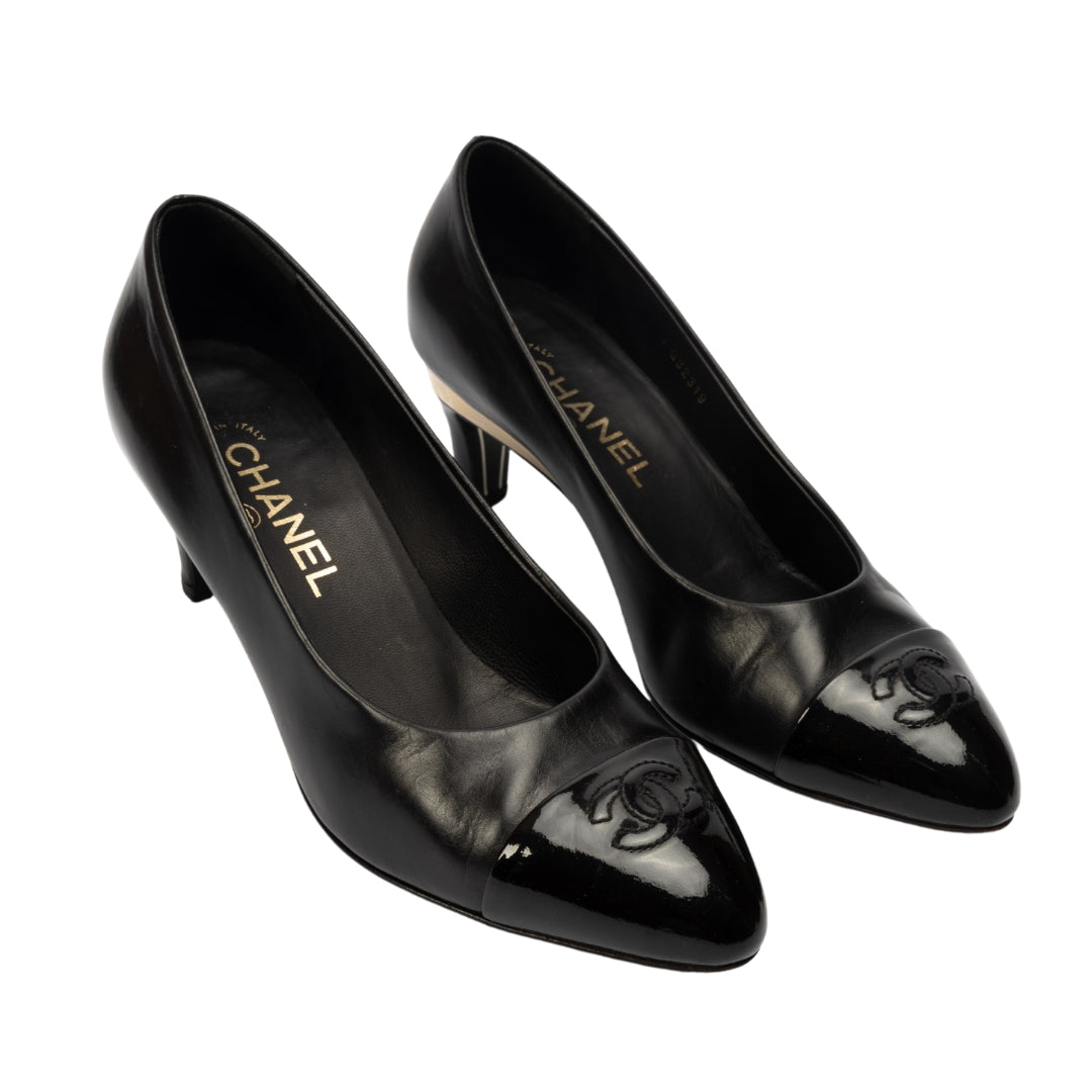 Chanel Black Leather CC Cap Toe Pumps
