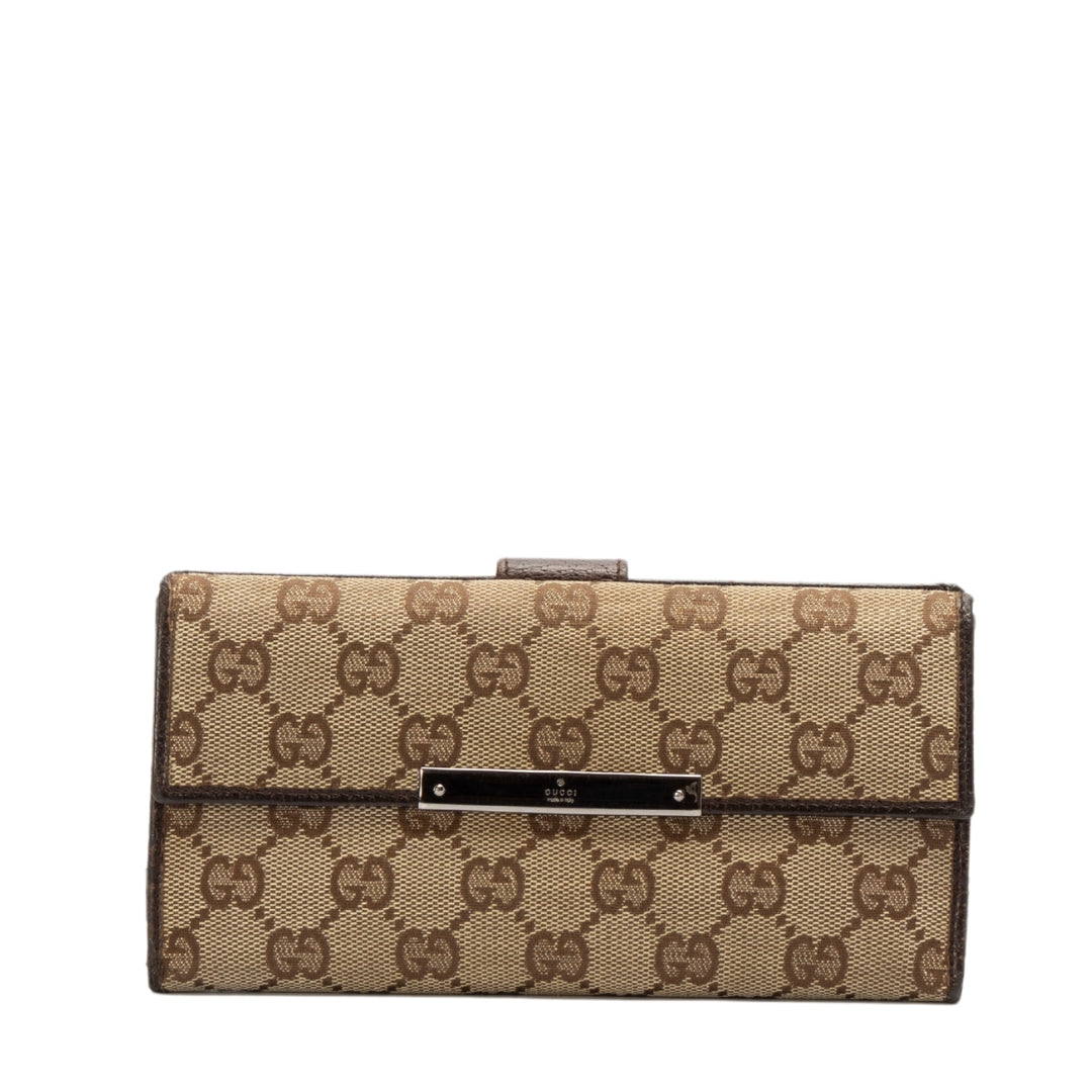 Gucci Canvas and Leather Logo Metal Plate Continental Wallet