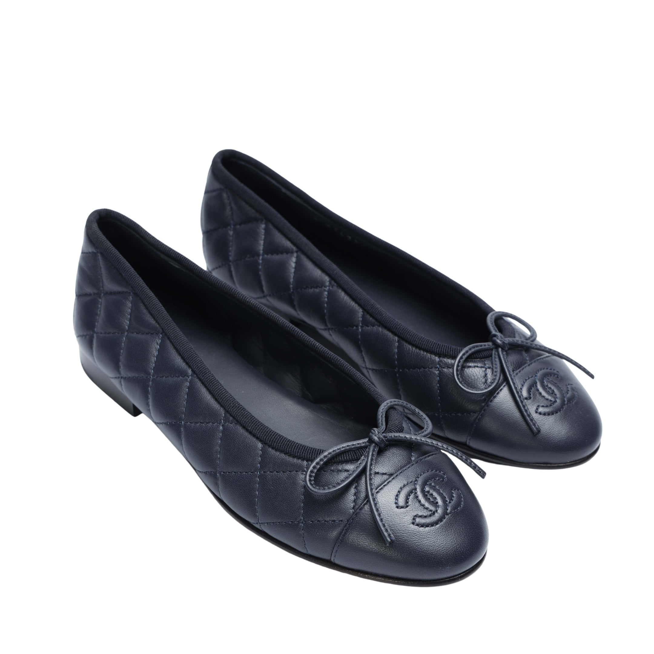 Chanel Navy Leather CC Cap Toe Ballet Flats