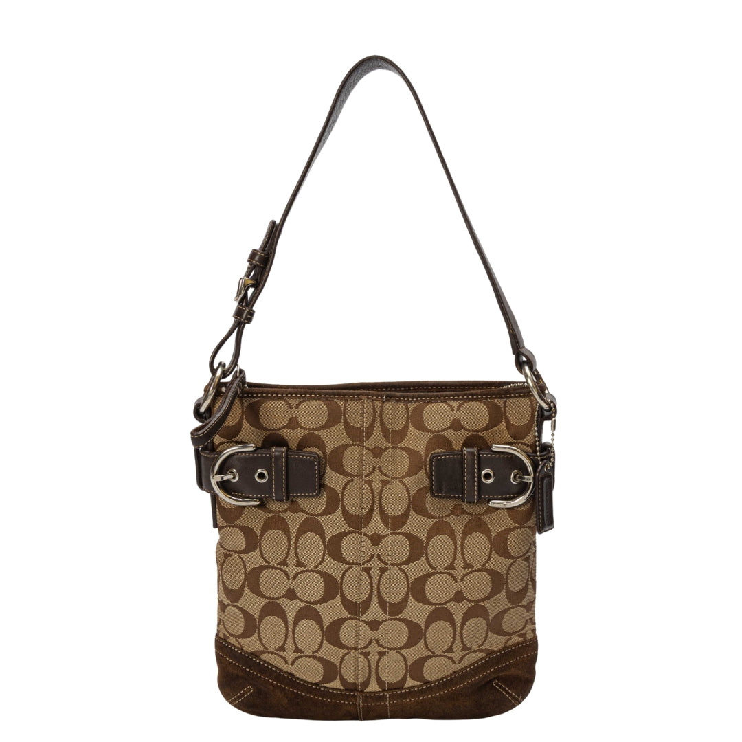 Coach Brown Signature Canvas Suede Hobo Bag
