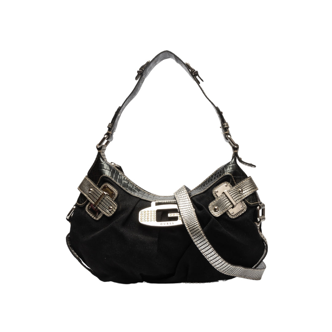 Guess Chunky Monogram Black Studded Canvas Hobo Bag