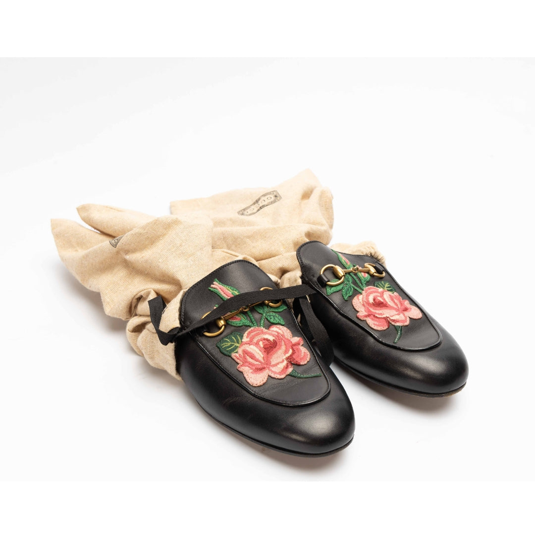 Gucci Black Princetown Flower Flat Mules