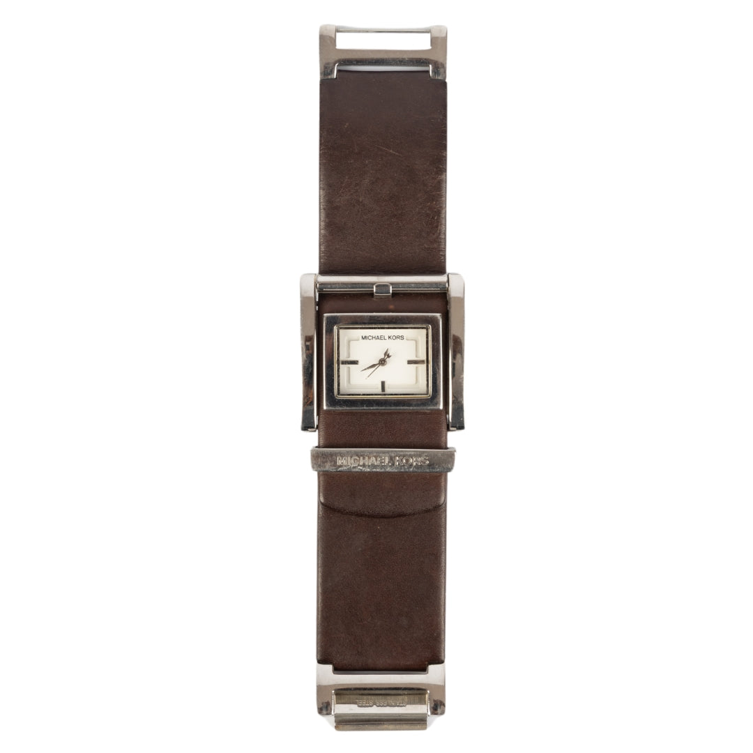 Michael Kors Silver Stainless Steel Brown Leather Wristwatch