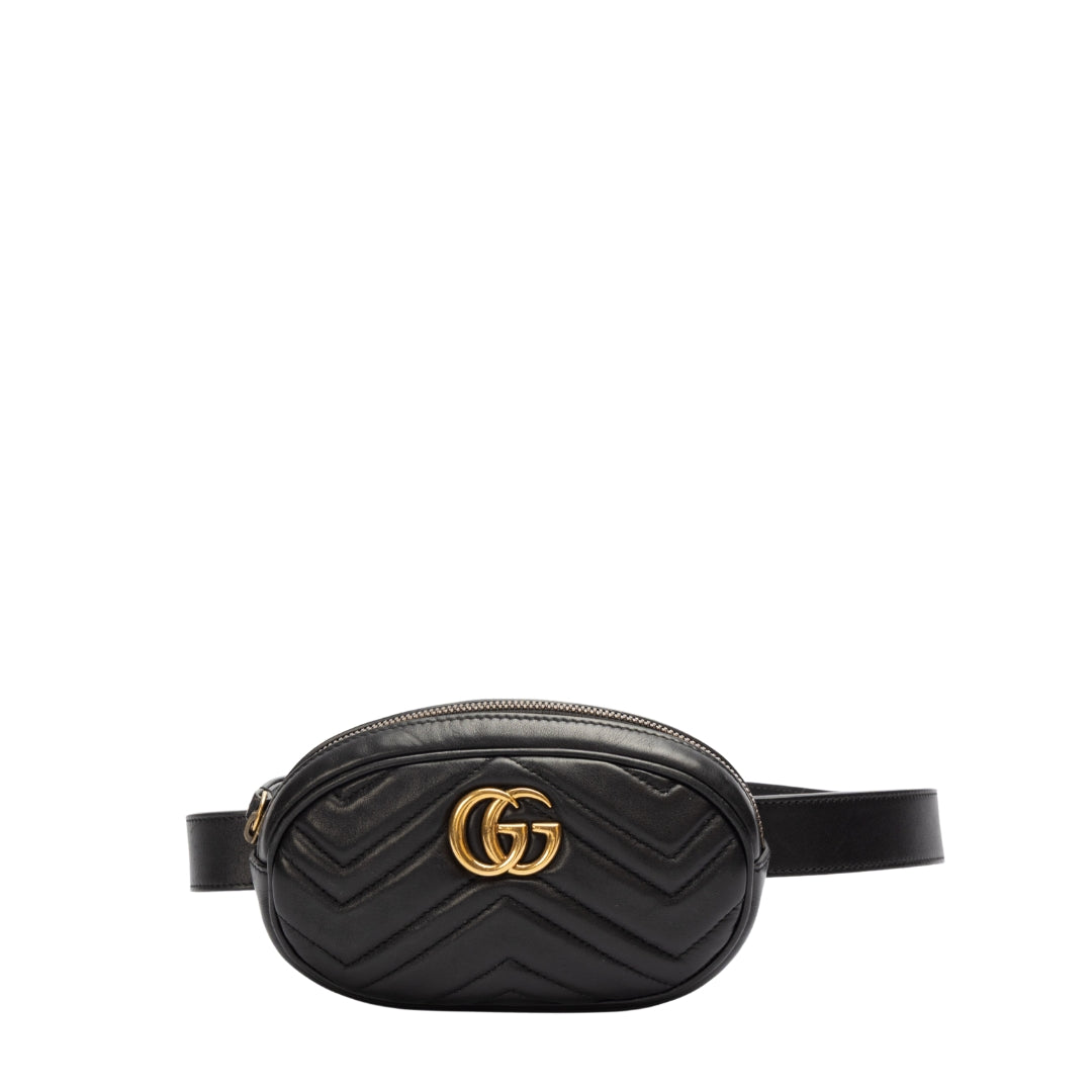 Gucci Black Chevron Leather GG Marmont Belt Bag