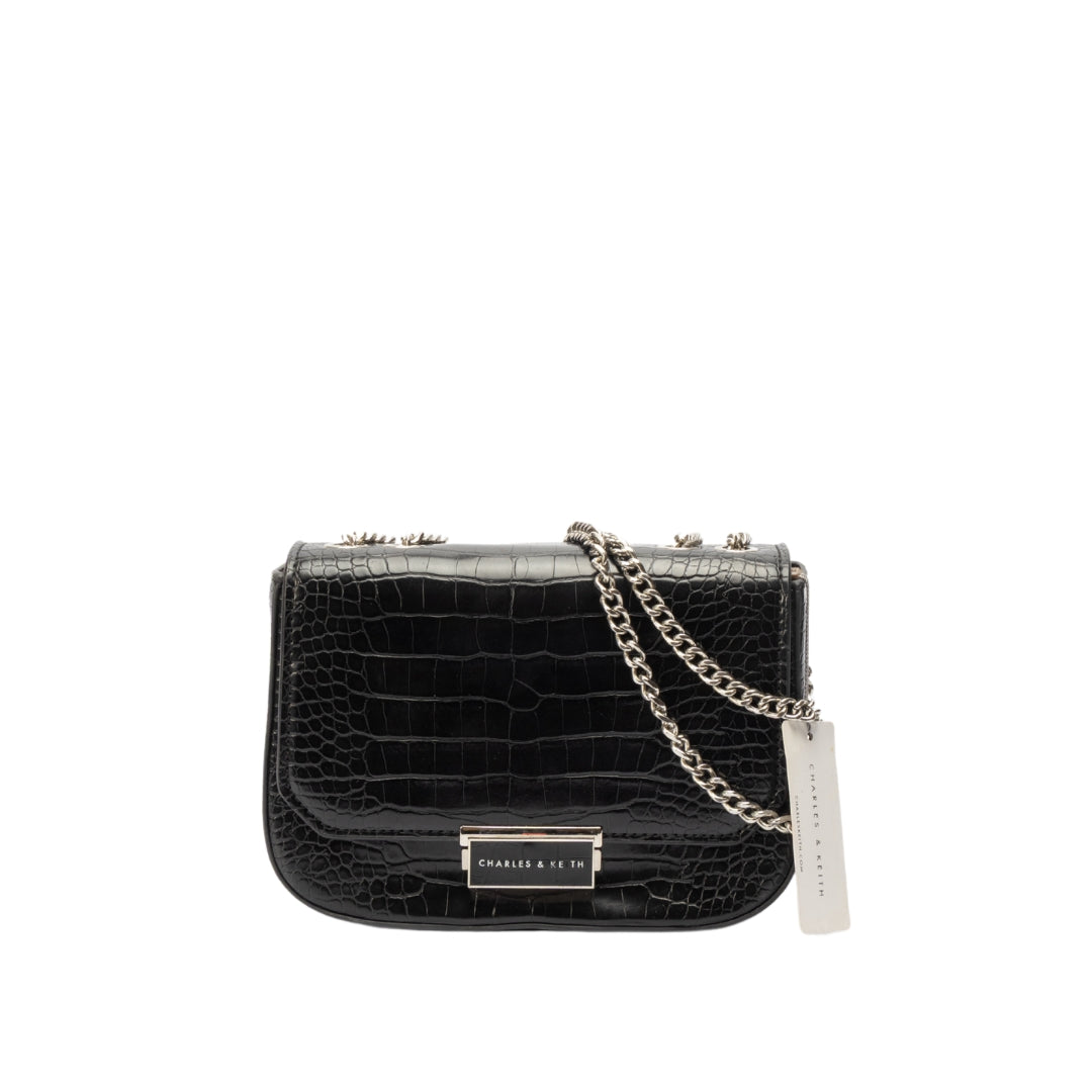 Charles Keith Black Snake Skin Textured Shoulder Bag