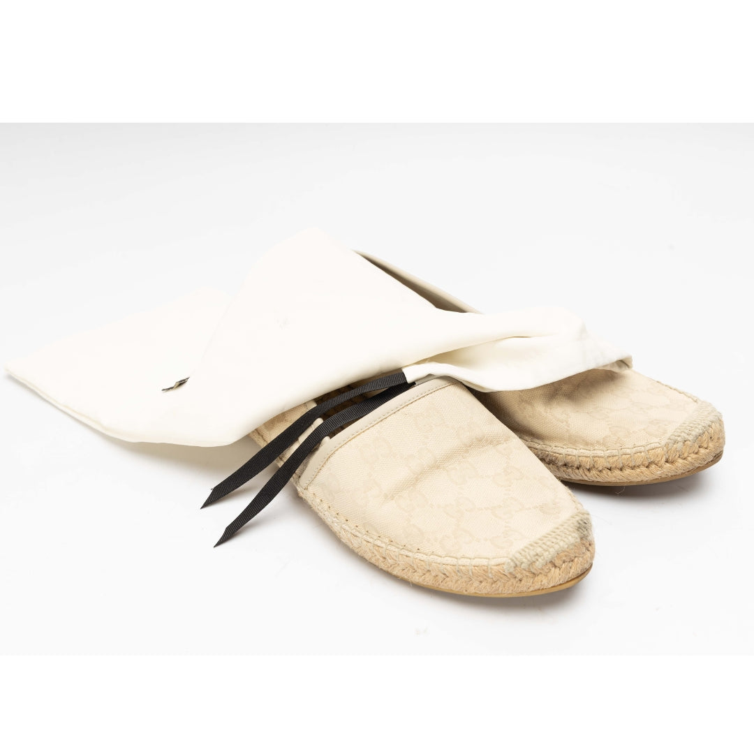 Gucci Beige GG Canvas Leather Slip On Espadrille Flats