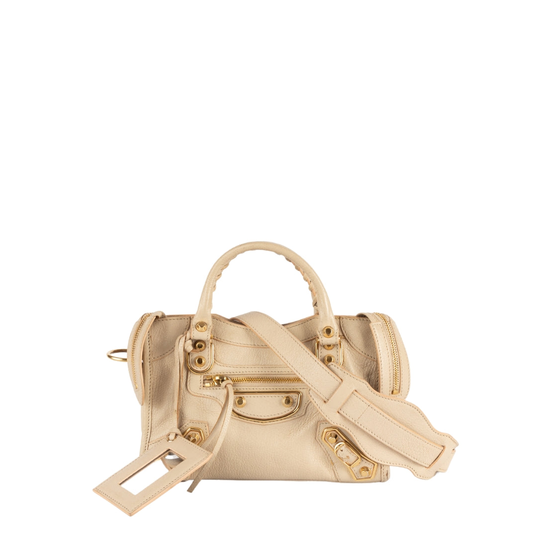 Balenciaga Beige Leather Mini Classic Metallic Edge City Bag