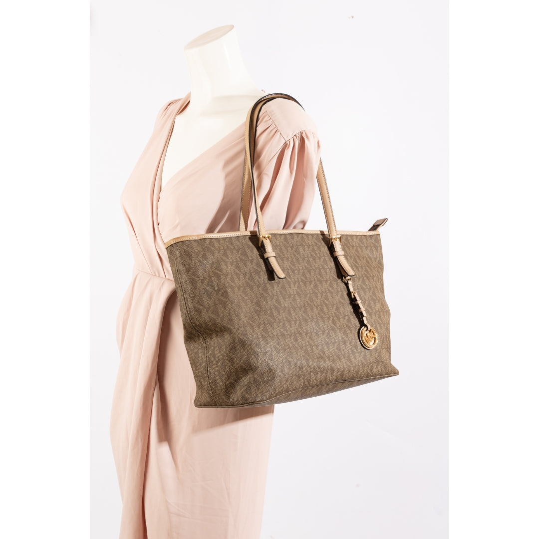 Michael Kors Signature Canvas Leather Jet Set Tote