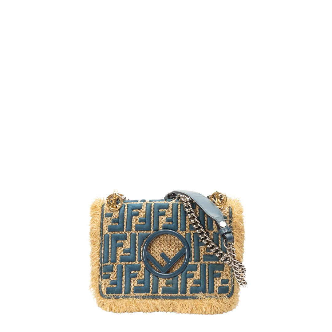 Fendi Beige/Blue Raffia Small Kan Shoulder Bag