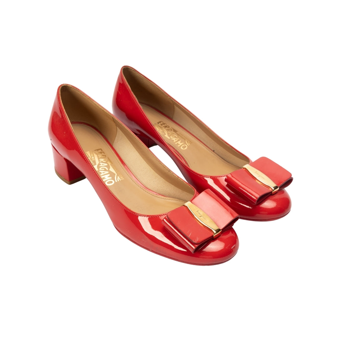 Salvatore Ferragamo Red Patent Leather Vara Bow Pumps