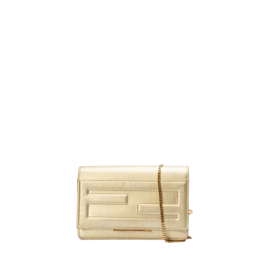 Fendi Gold Laminated Leather Tube On Chain Wallet
