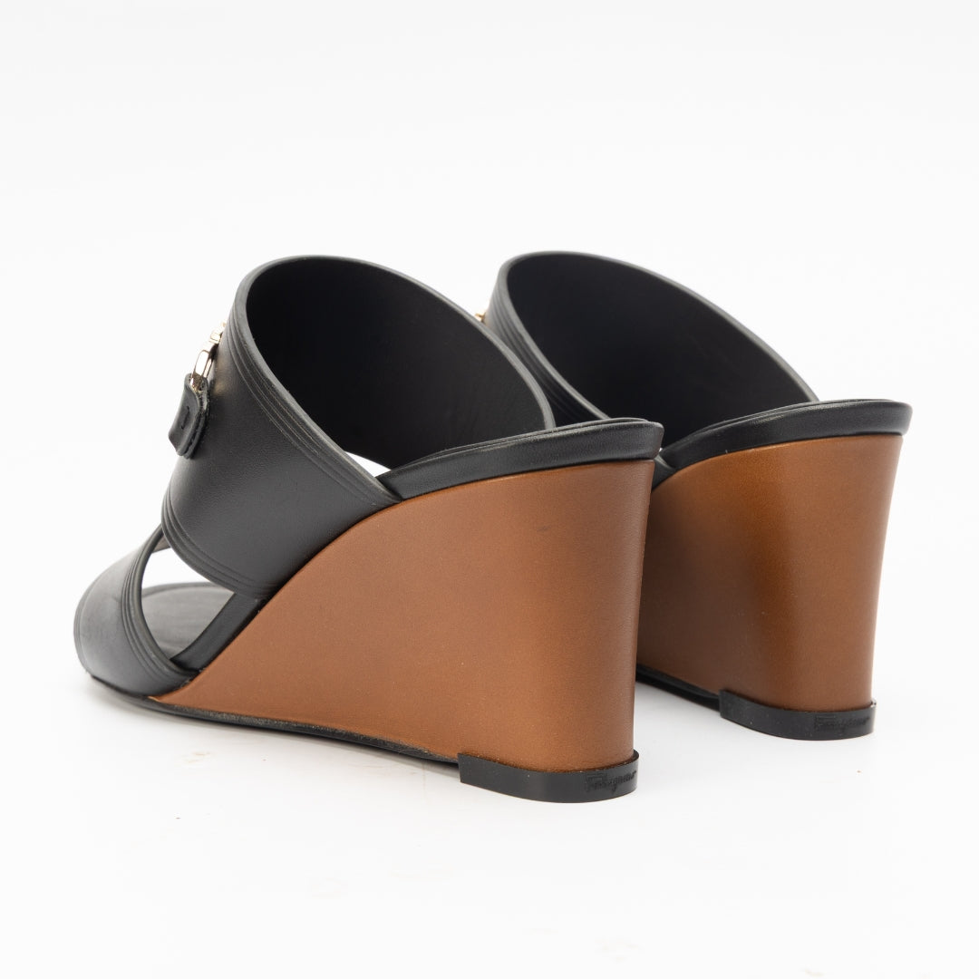 Salvatore Ferragamo Black Leather Wedge Sandals