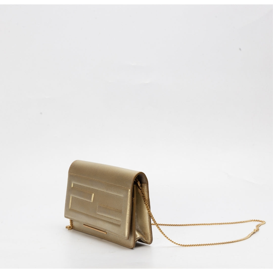 Fendi Gold Laminated Leather Tube On Chain Wallet