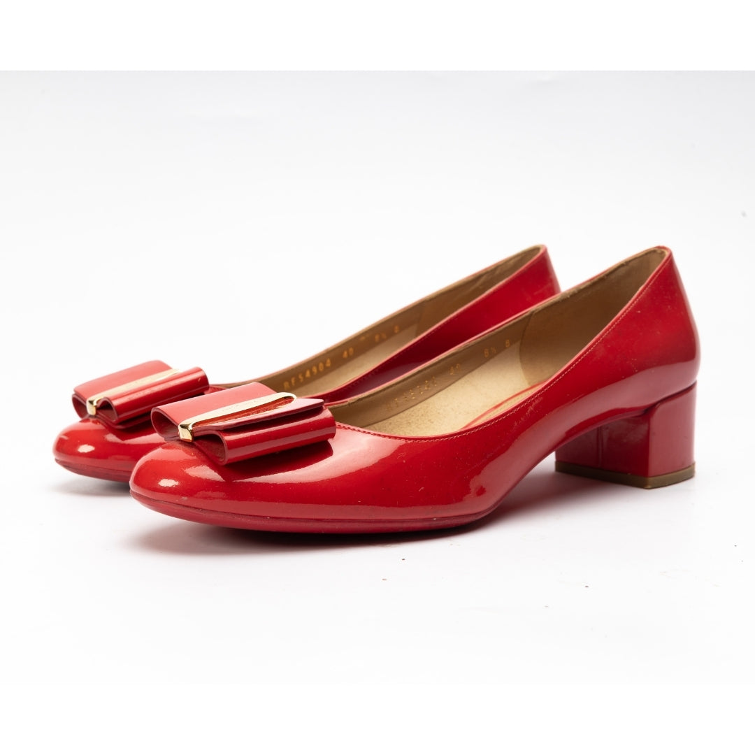 Salvatore Ferragamo Red Patent Leather Vara Bow Pumps