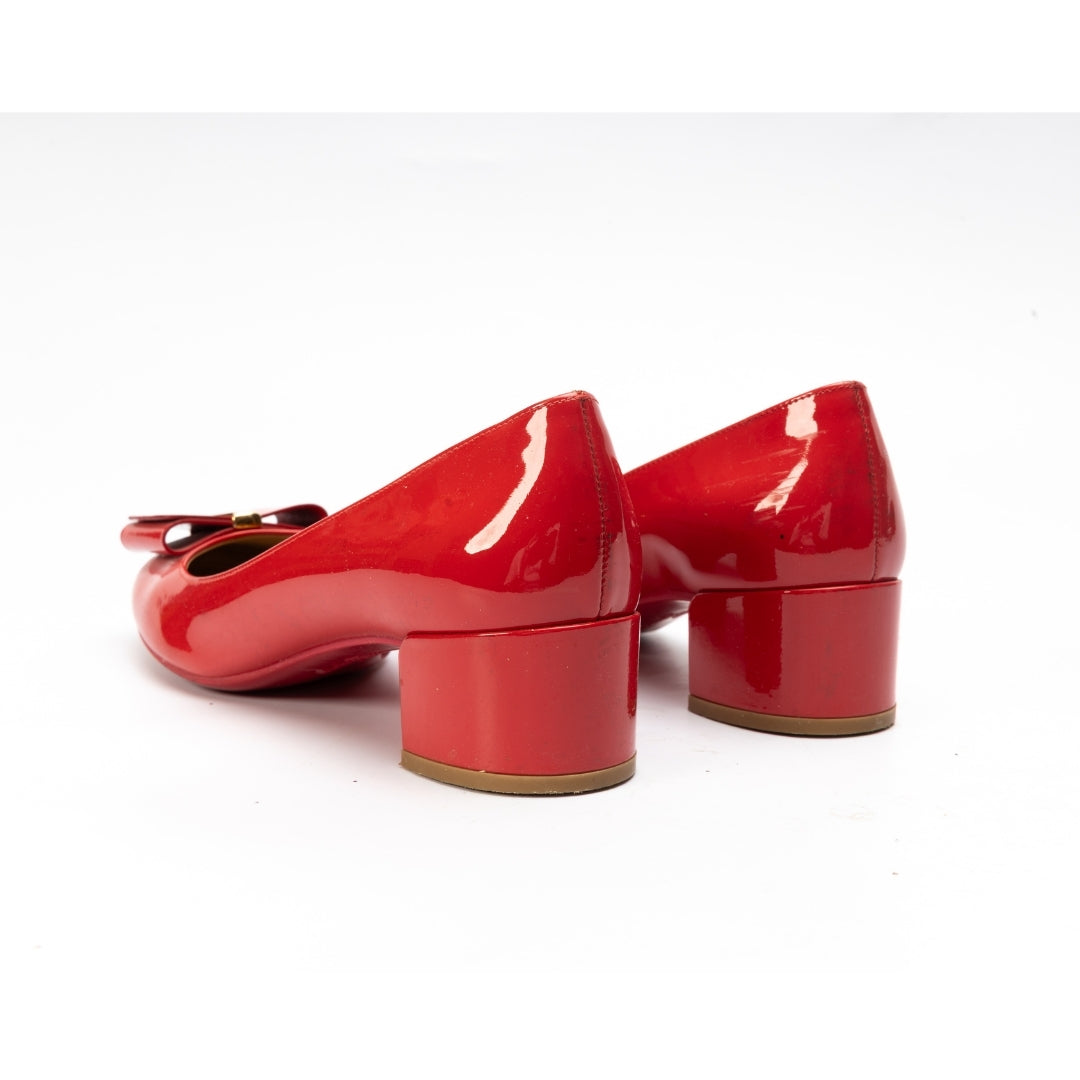 Salvatore Ferragamo Red Patent Leather Vara Bow Pumps