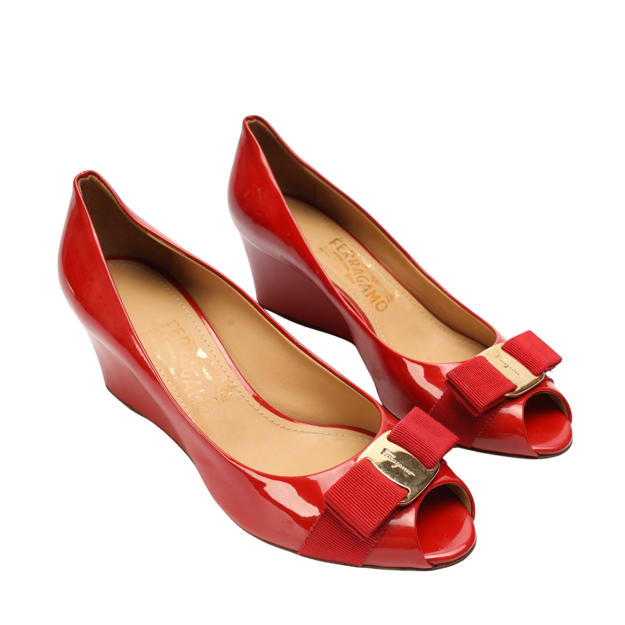 Salvatore Ferragamo Red Sissi Bow Peep Toe Wedge Pumps