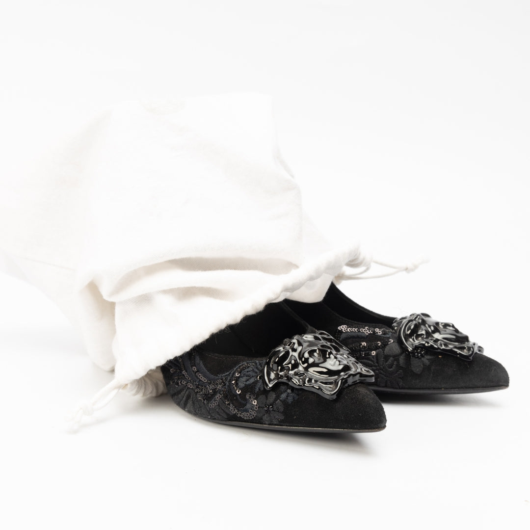 Versace Black Suede Medusa Pointed Toe Pumps