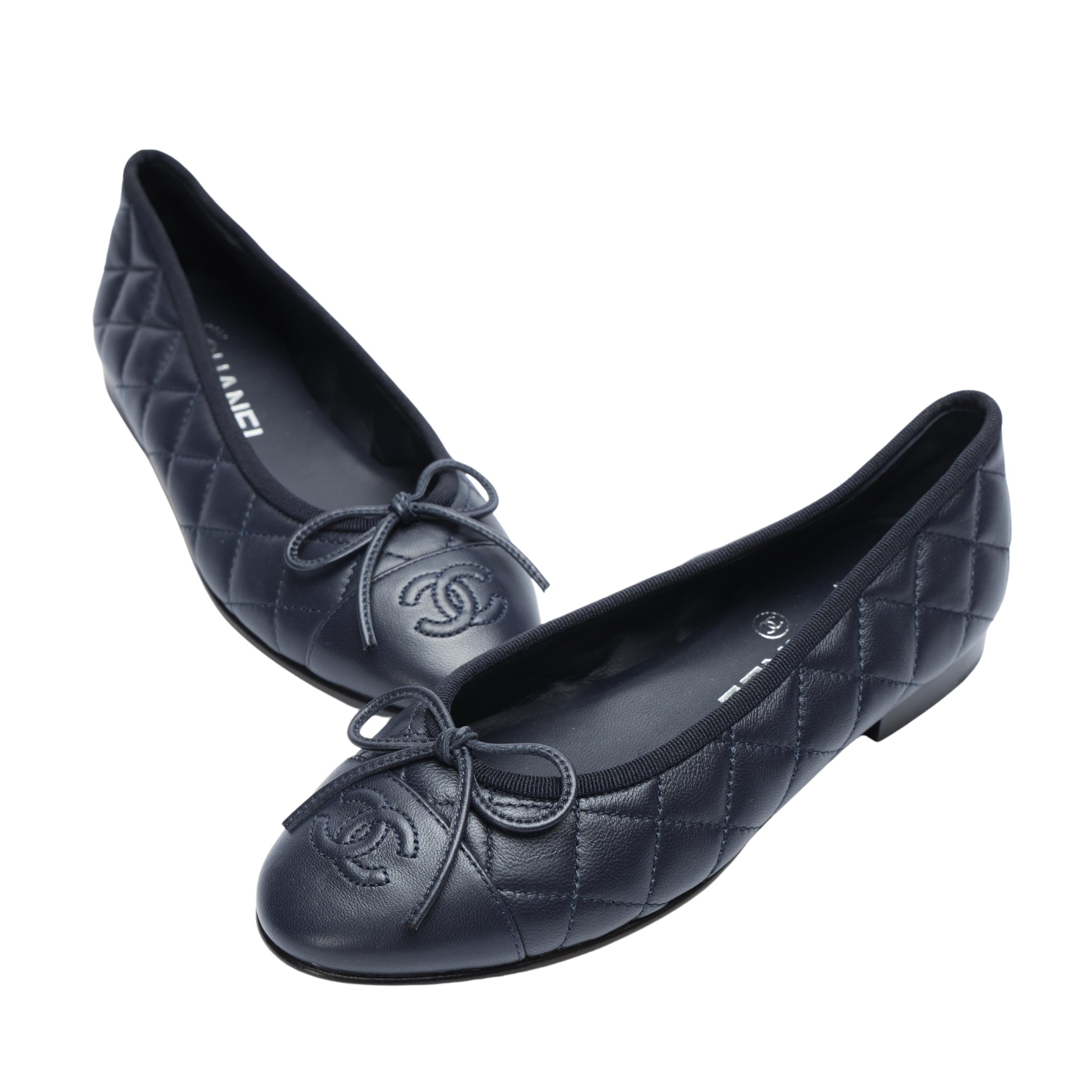 Chanel Navy Leather CC Cap Toe Ballet Flats