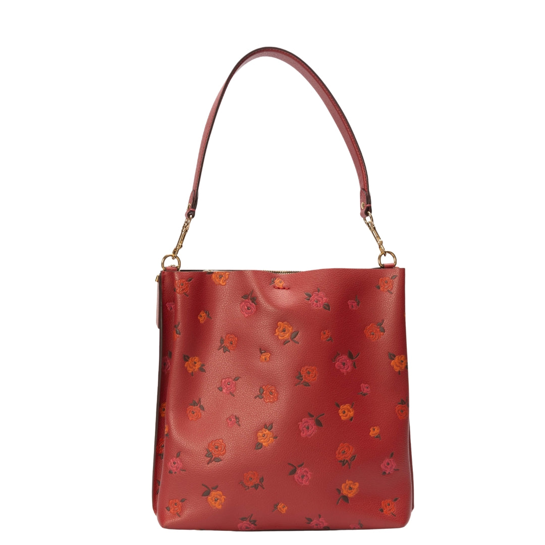 Coach Red Mollie Bucket Bag With Peony Print