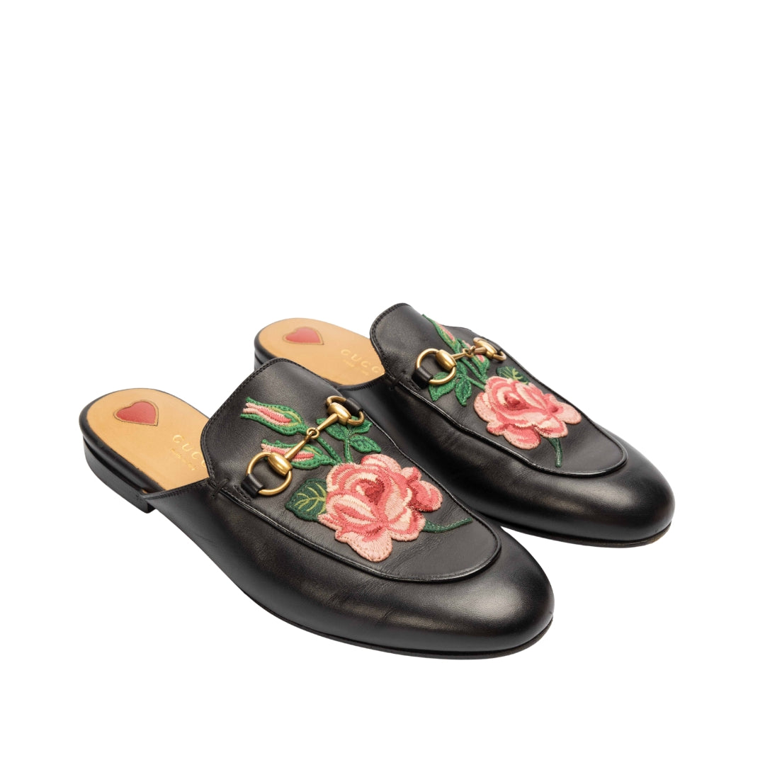 Gucci Black Princetown Flower Flat Mules