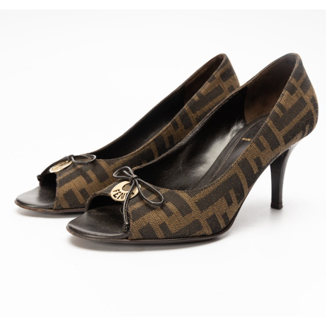 Fendi Brown Zucca Canvas Bow Peep Toe Pumps