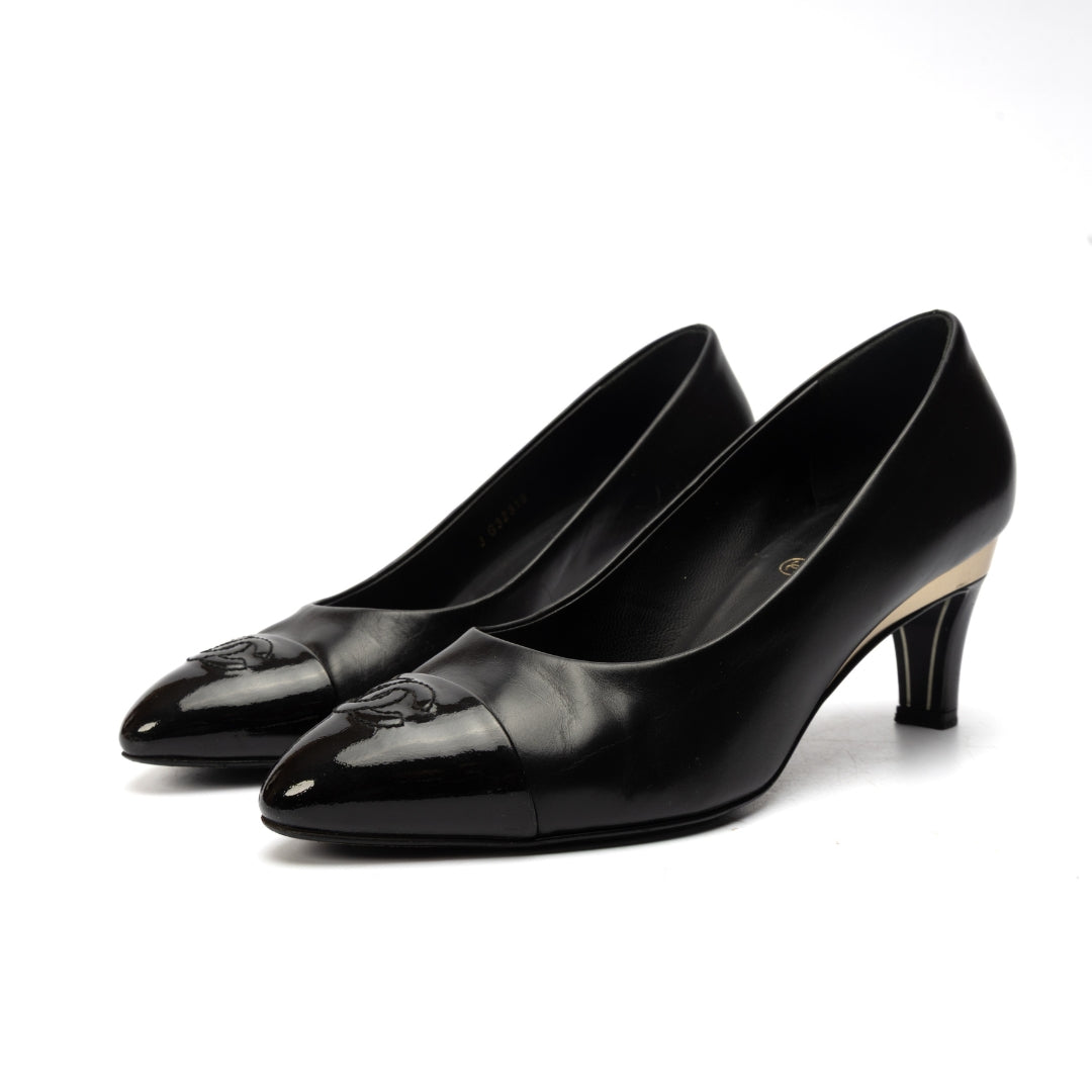 Chanel Black Leather CC Cap Toe Pumps