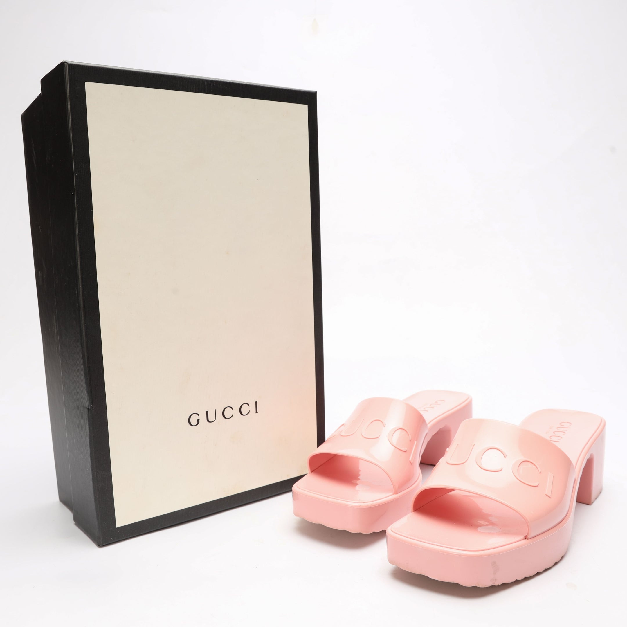 Gucci Pink Jelly Block Heel Logo Sandals