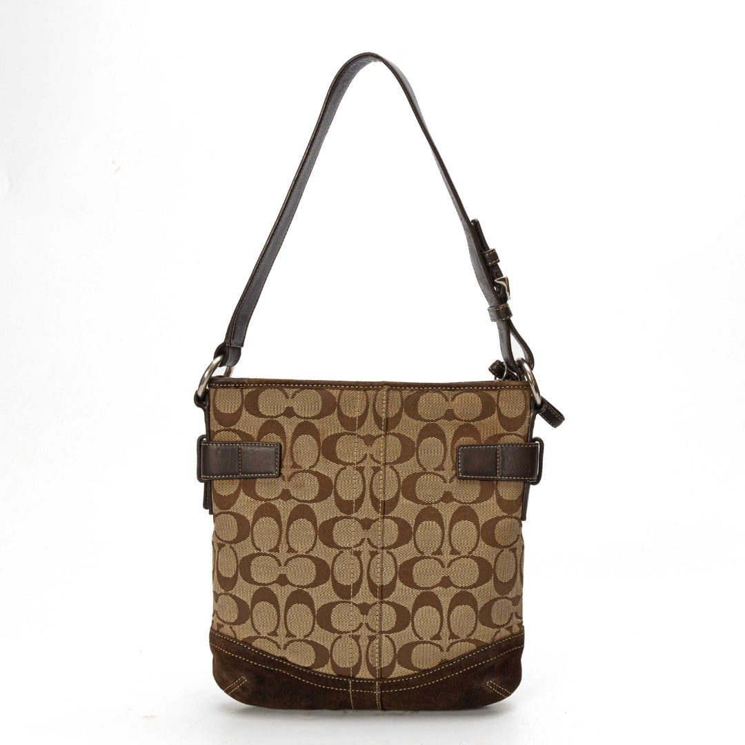 Coach Brown Signature Canvas Suede Hobo Bag