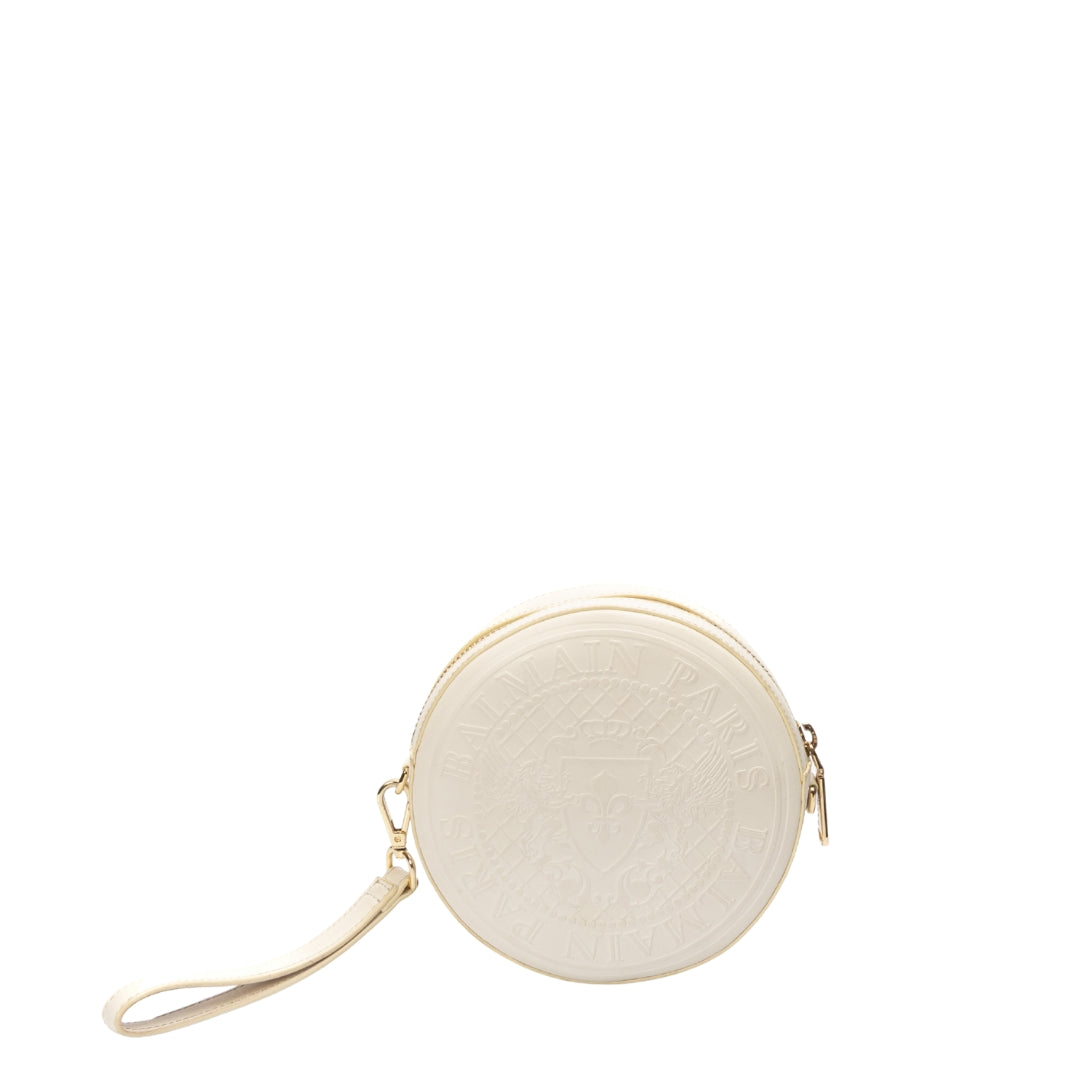 Balmain Paris White Logo Embossed Round Wristlet