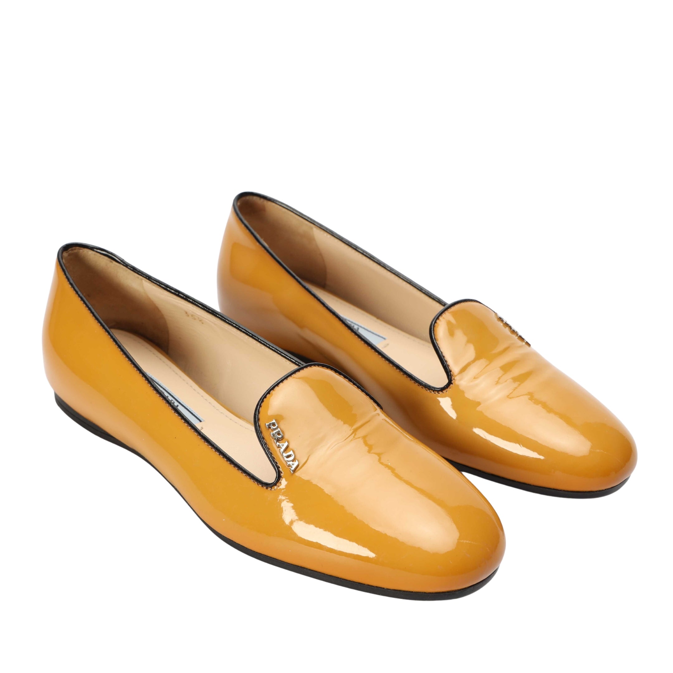 Prada Beige Patent Smoking Slip Ons
