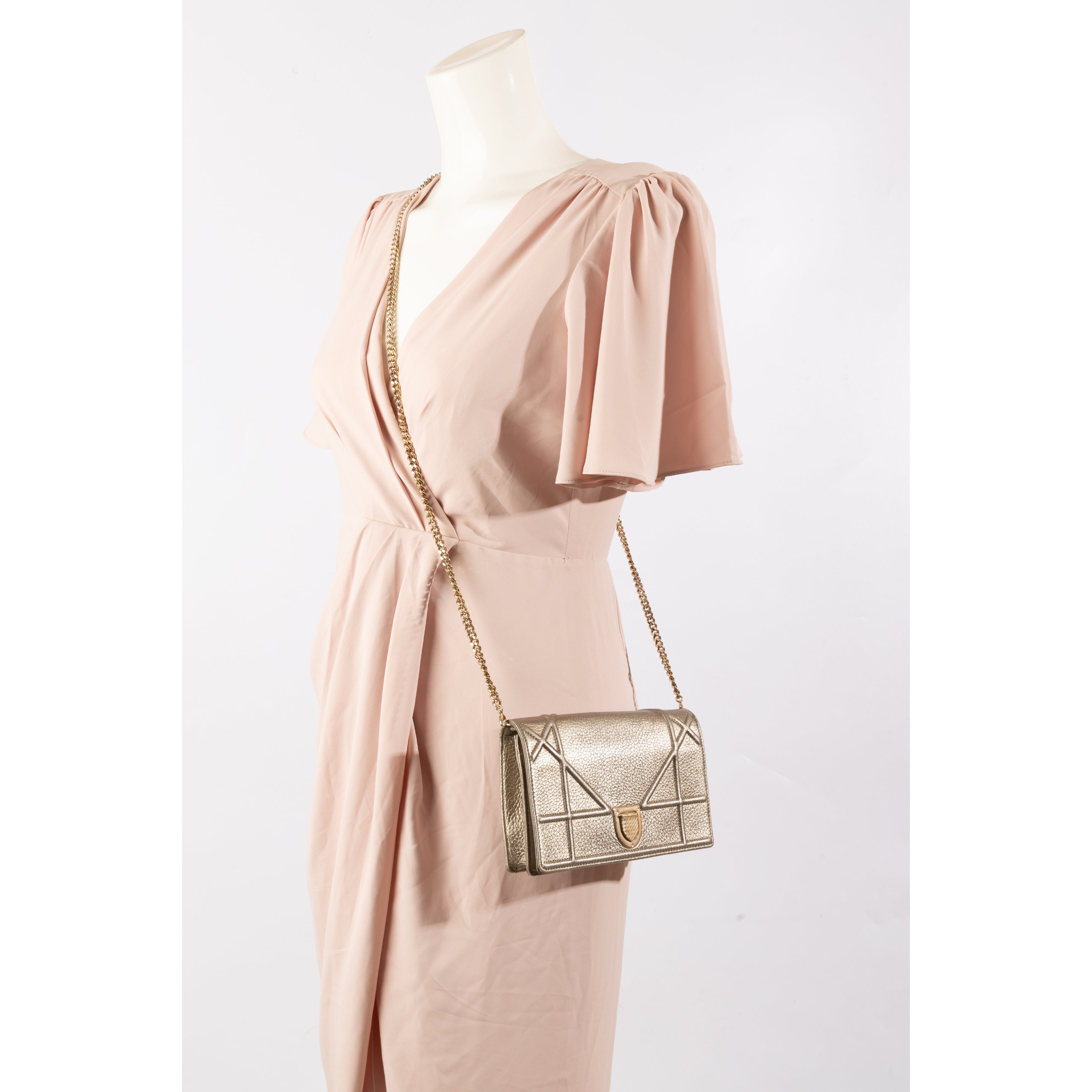 Dior Metallic Gold Leather Diorama Wallet on Chain