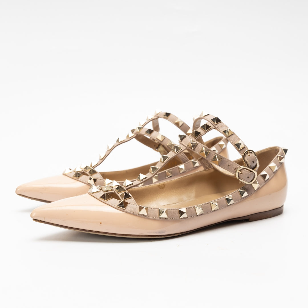 Valentino Dusty Pink Leather Rockstud Strappy Ballet Flats